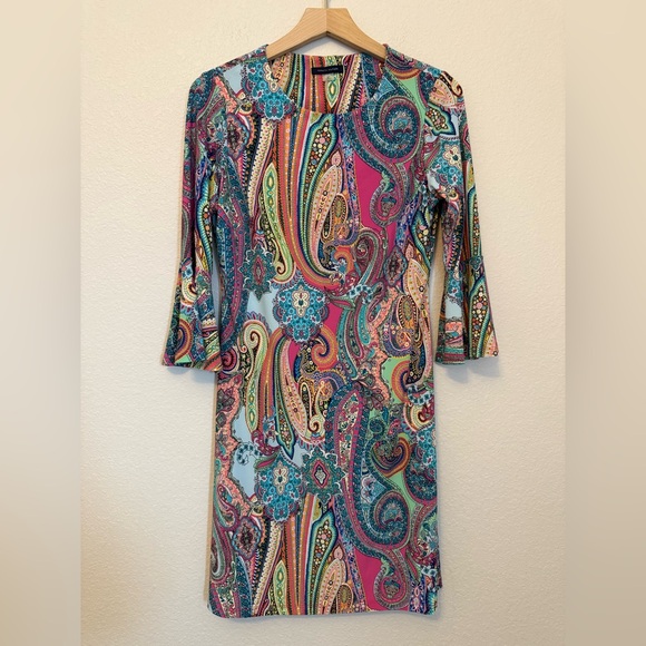 Tommy Hilfiger Dresses & Skirts - Tommy Hilfiger Size 4 Paisley Stretch Shift Dress 3/4 Bell Sleeve Retro Boho